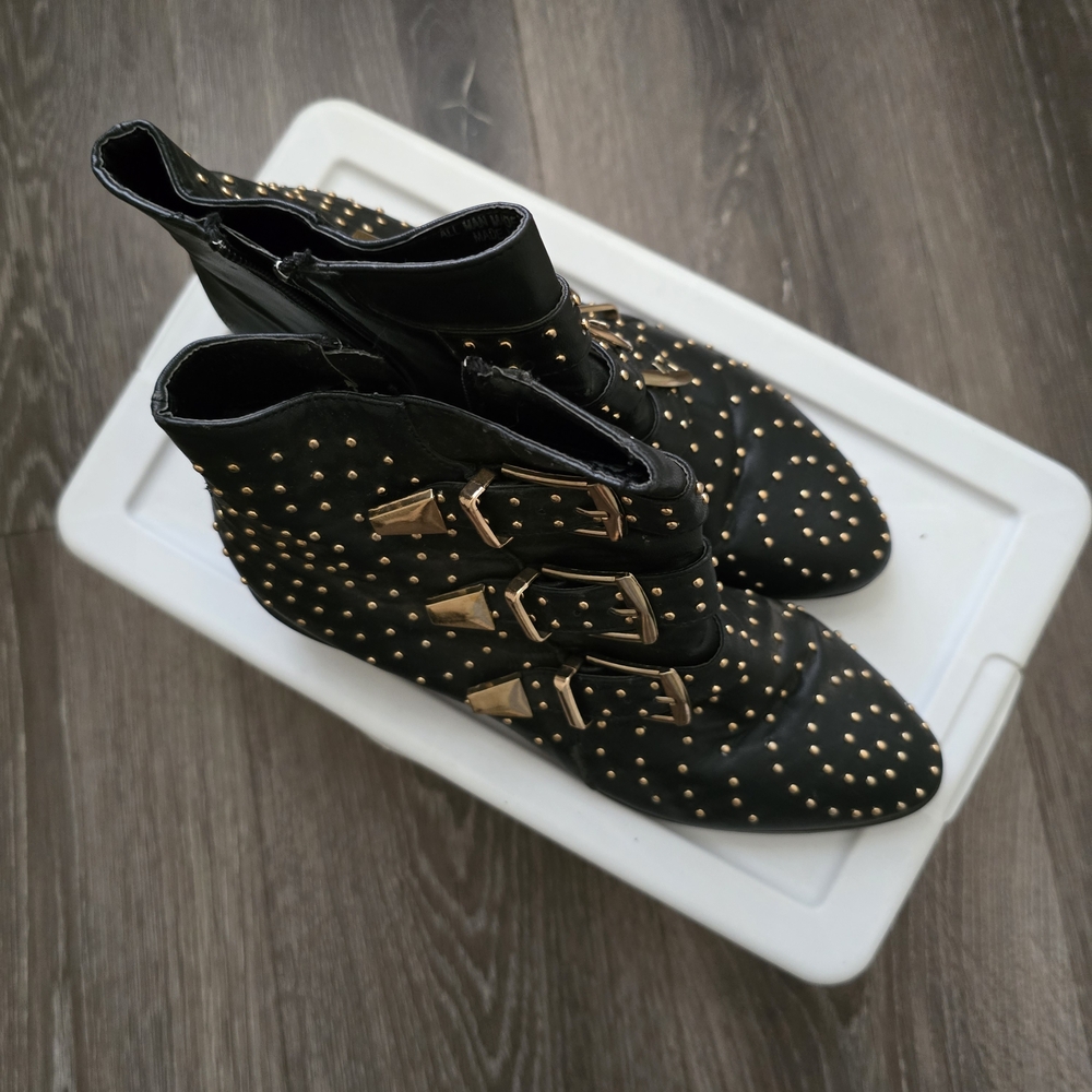 Bumper Black and Gold Studded Ankle Boots